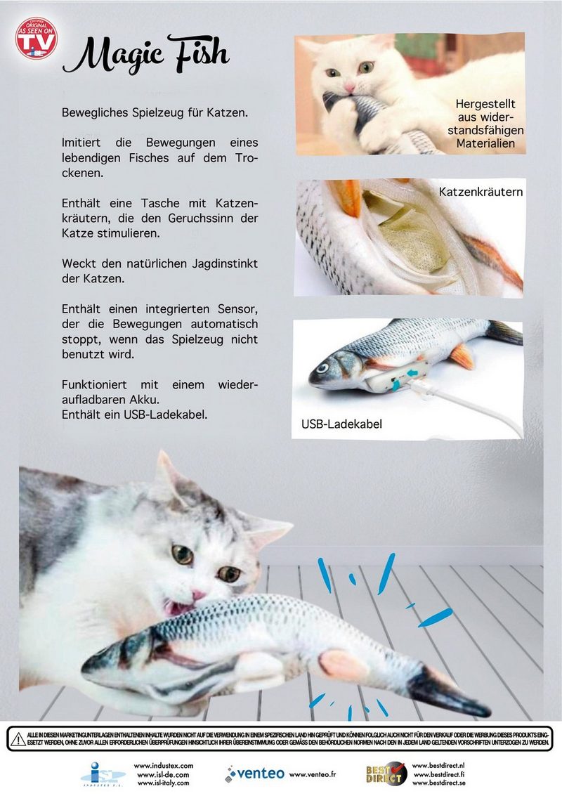 Best Direct® Tier-Beschäftigungsspielzeug Magic Fish® Baumwolle Polyester Katzenspielzeug zappelnder bewegender Fisch mit Katzenminze - fehlinger-versand